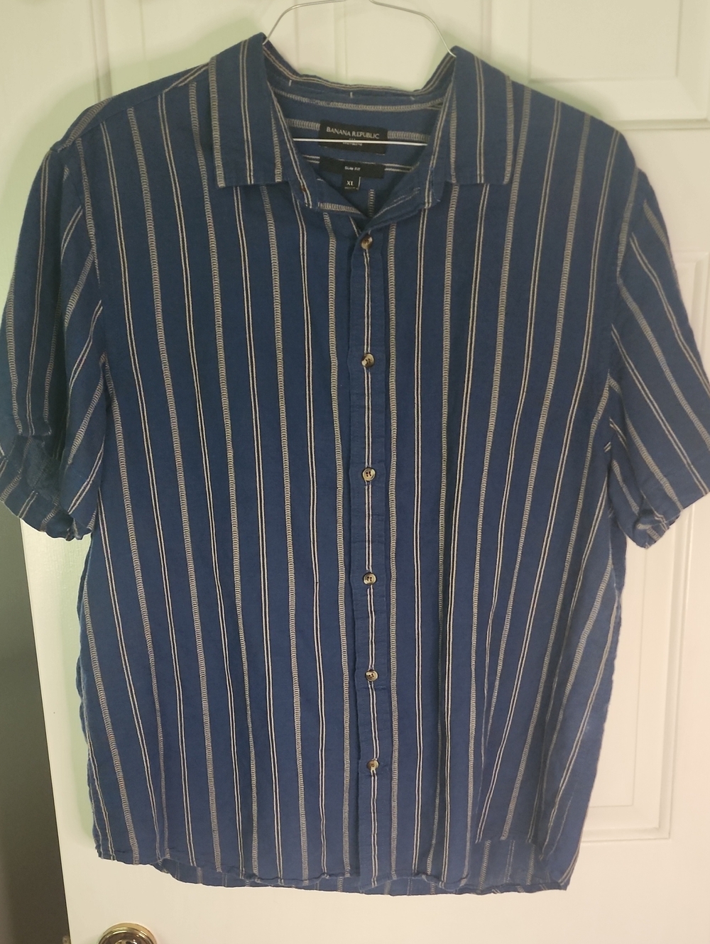 Banana Republic Navy Blue Vertical Stripe Short-Sleeve Button-Up